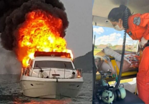 Lancha com turistas pega fogo em alto mar e deixa feridos