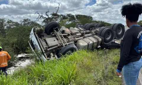 Carreta tomba na BR-242 após motorista ser atacado por enxame de abelhas