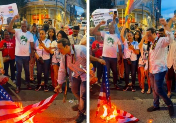 Deputado baiano ateia fogo na bandeira dos EUA em ato pró-Venezuela