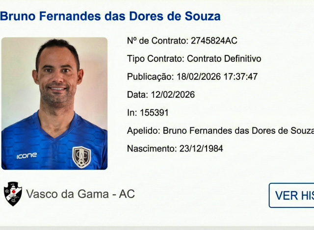 Bruno regularizado e confirmado no Vasco-AC